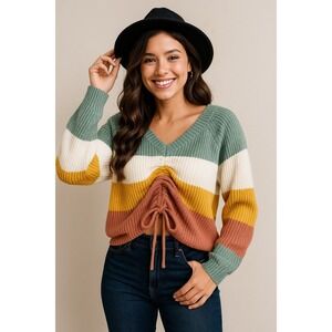 Full Circle Trends Cropped Front‎ Drawstring Multicolor Sweater Size L